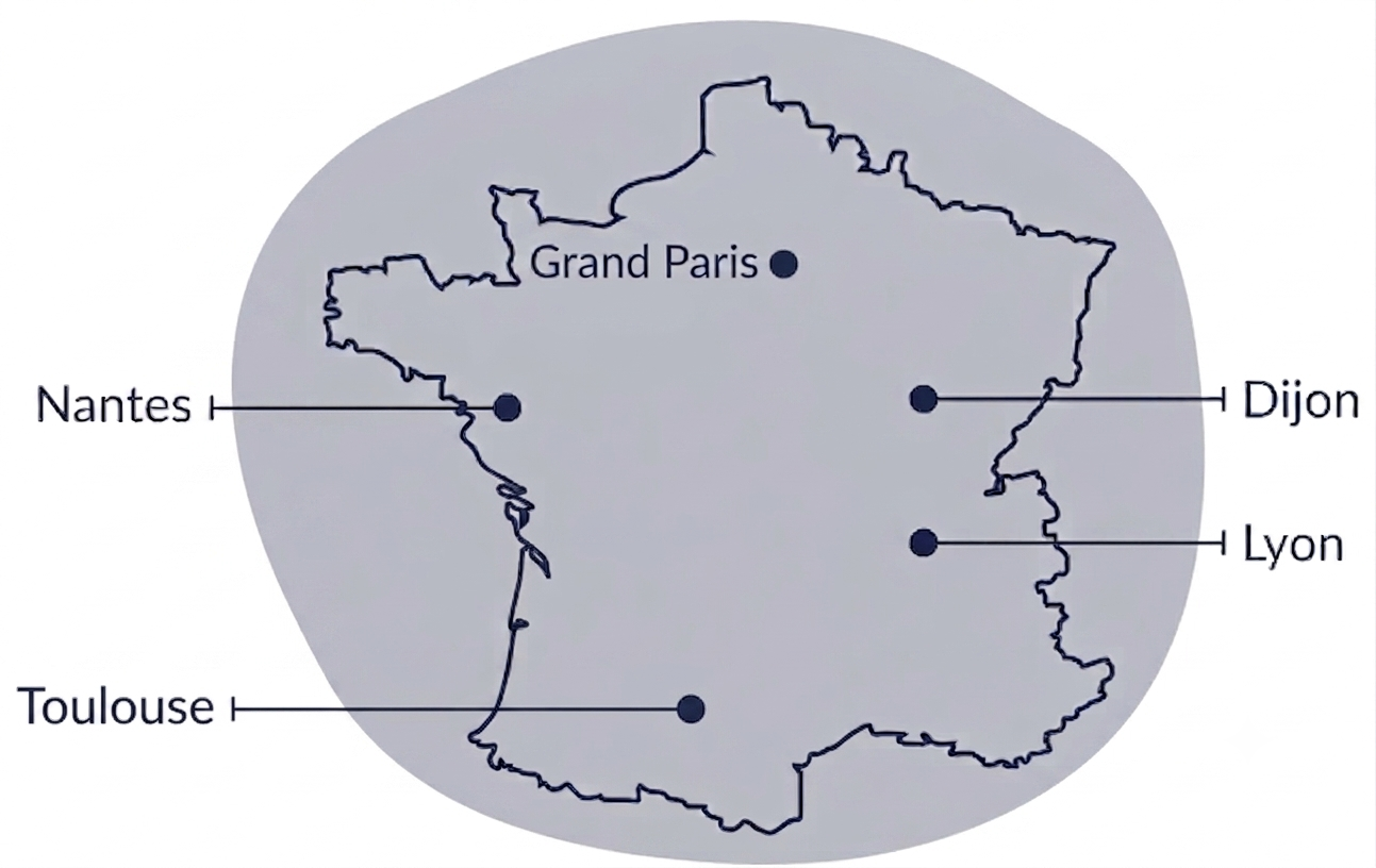 Carte des agences DegrésVerts - Grand Paris, Nantes, Dijon, Lyon, Toulouse